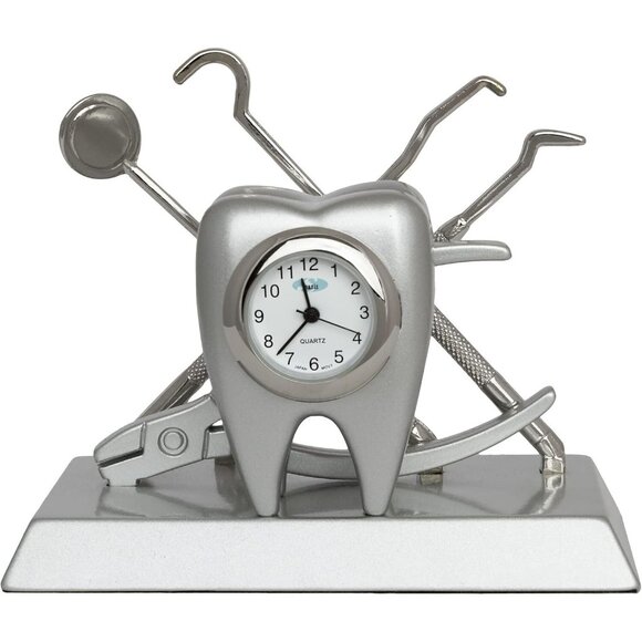 DENTIST Desk Clock Silver Christmas Gift Zinc Alloy Time Piece - Picture 1 of 8